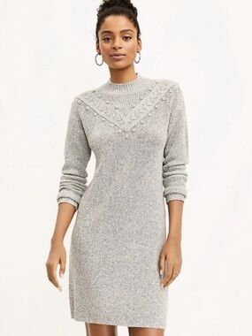 Loft Bobble Mock Neck Sweater Dress Heather Gray Size M Petite